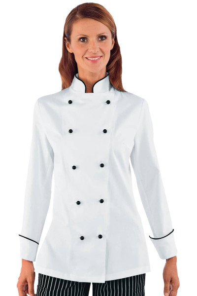 CHAQUETA DE CHEF DE MUJER BLANCA CON INSERCIONES NEGRAS